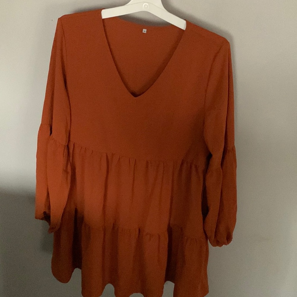 Elegant Autumn Orange V-Neck Dress
